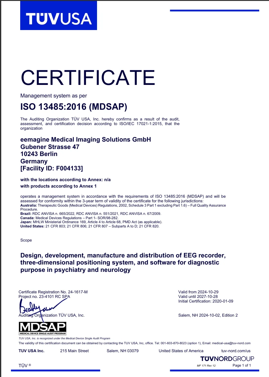 ISO 13485:2016 and MDSAP certificate, TÜV USA